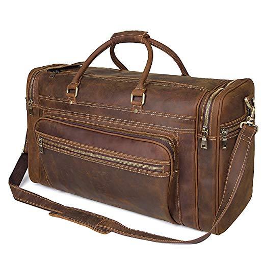 Crazy Horse Leather Weekend Bag Men Large Brown - Woosir