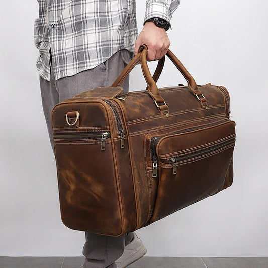 Crazy Horse Leather Weekend Bag Men Large Brown - Woosir