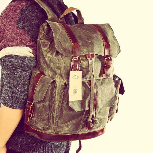Drawstring Waxed Canvas Backpack Vintage Rucksack - Woosir