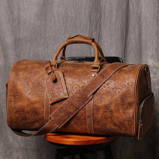 Embossed Full Grain Leather Duffle Bag for Men - Woosir