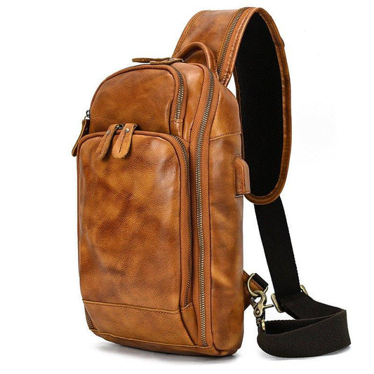 Cowhide Leather Cross Body Sling Bag with USB Port - Woosir