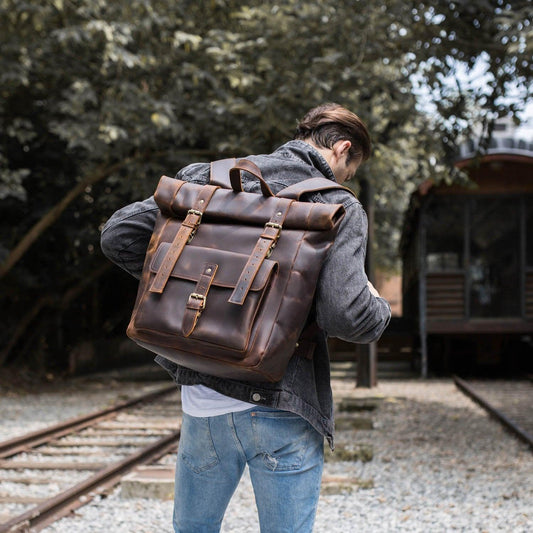 Large Leather Roll Top Backpack Laptop 17" - Woosir