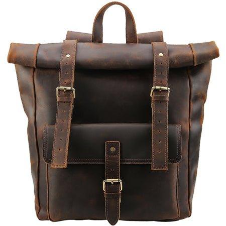 Large Leather Roll Top Backpack Laptop 17" - Woosir