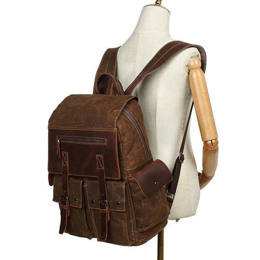 Waxed Canvas Backpack Rucksack with Side Pockets - Woosir