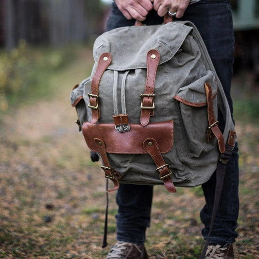 Large Waxed Canvas Vintage Backpack Mens - Woosir