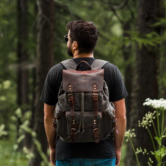 Large Leather and Canvas Backpack Rucksack - Woosir