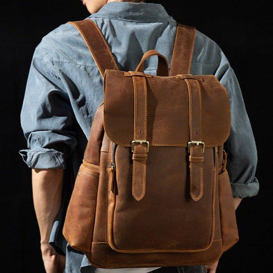 Mens Leather Backpack with Front Pocket - Woosir