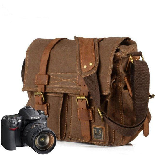 Leather Canvas Camera Bag Vintage Messenger Bag - Woosir
