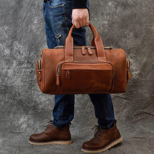 Mens Leather Duffle Bag with Pockets - Woosir