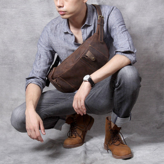 Mens Leather Crossbody Bag with Adjustable Belt - Woosir