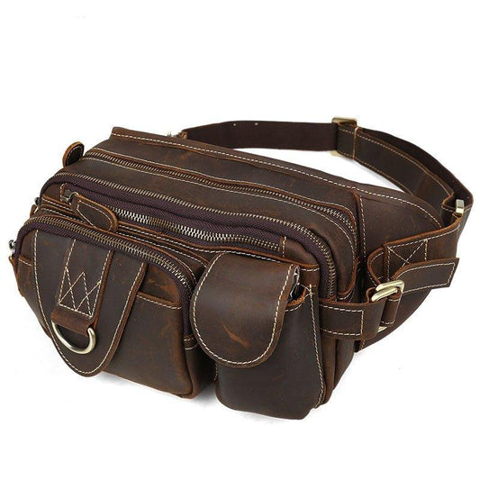 Woosir Leather Fanny Pack with 5 Zippered Pockets - Woosir