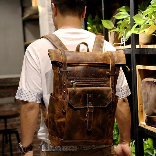Mens Leather Backpack Vintage Roll Top with Front Pocket - Woosir