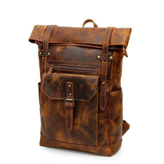 Mens Leather Backpack Vintage Roll Top with Front Pocket - Woosir