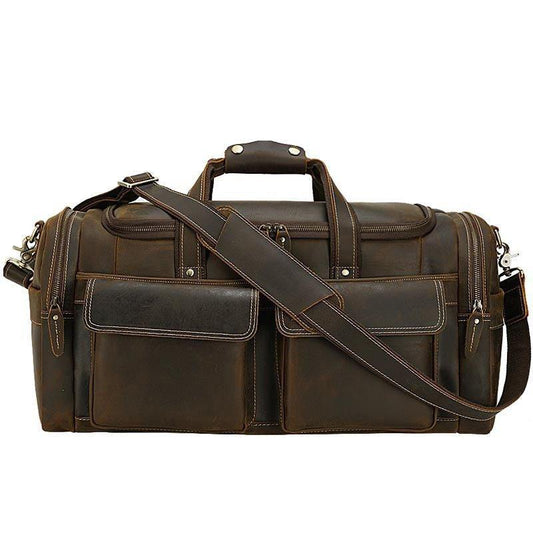 Mens Leather Travel Bag with Zipper Pockets - Woosir