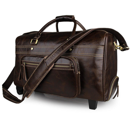 Mens Leather Duffle Bag on Wheels - Woosir