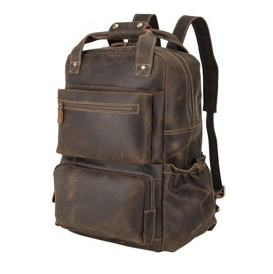 Mens Vintage Leather Backpack with Trolley Sleeve - Woosir