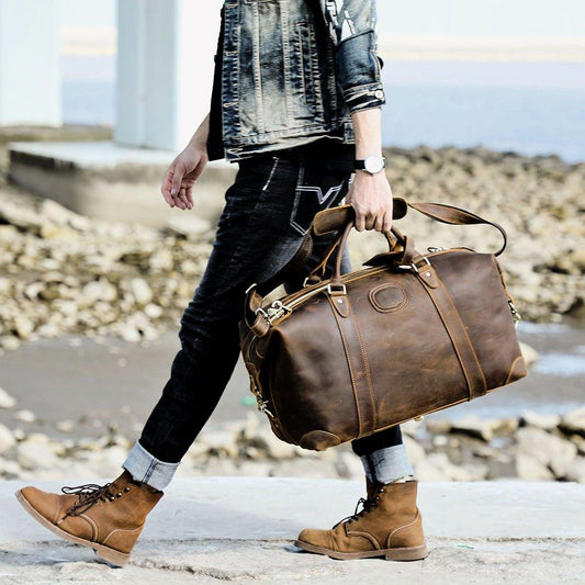 Men Leather Weekender Bag with Laptop Compartment - Woosir