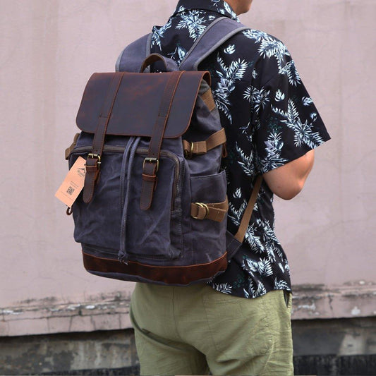 Vintage Leather and Canvas Backpack Rucksack - Woosir