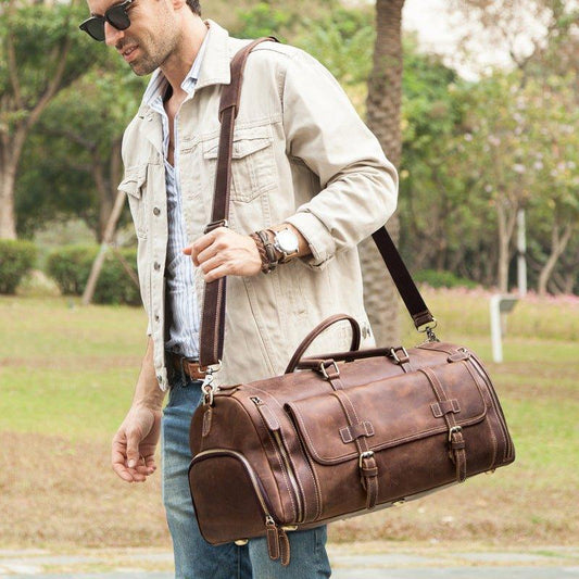 Men's Leather Duffel Bag 22 inch with Shoe Pocket - Woosir