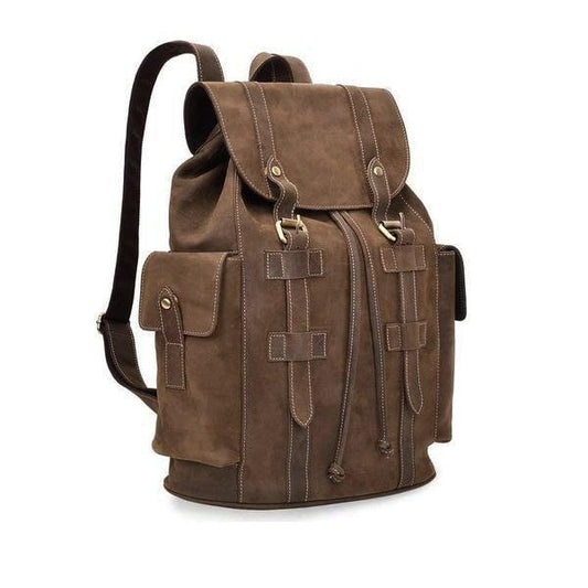 Vintage Mens Leather Backpack Drawstring Travel - Woosir