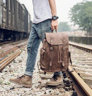 Vintage Mens Leather Backpack Drawstring Travel - Woosir