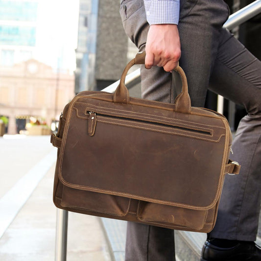 Mens Leather Briefcase Messenger Bag 14 Inches - Woosir