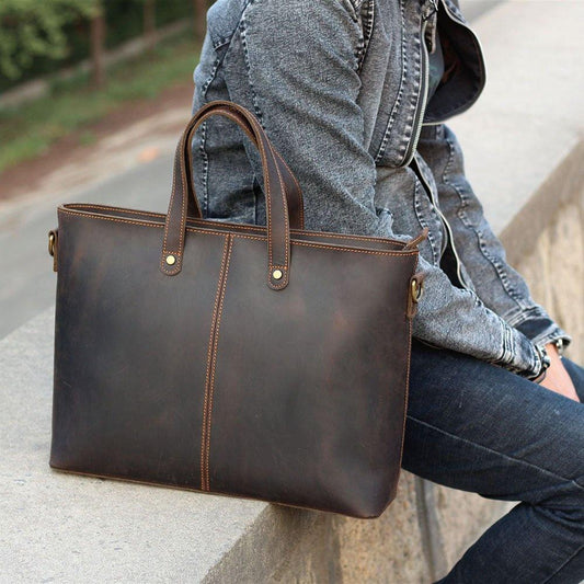 Woosir Mens Leather Laptop Briefcase Handbag Dark Brown - Woosir