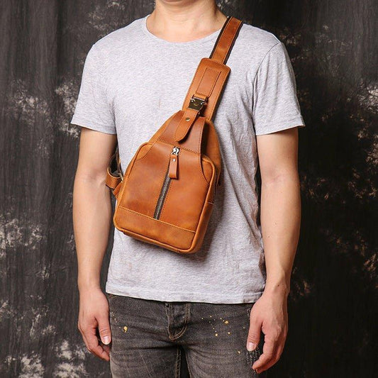 Men's Leather Sling Bag Chest Shoulder Backpack - Woosir