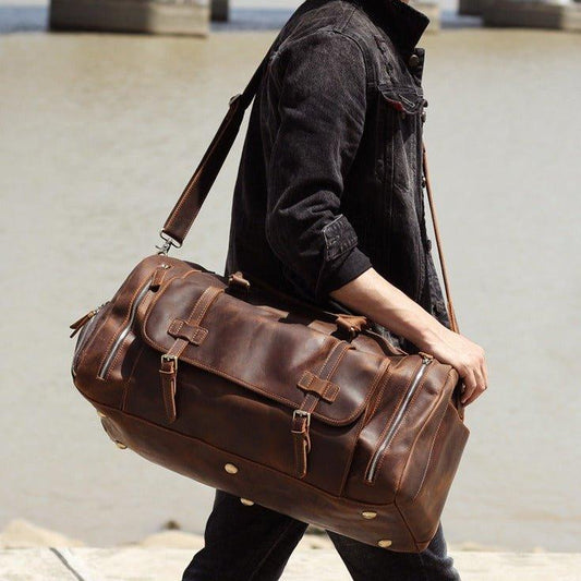 Mens Leather Weekender Bag with Shoe Compartment - Woosir