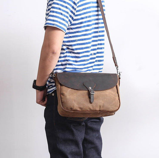 Leather and Canvas Vintage Mens Messenger Bag for iPad - Woosir