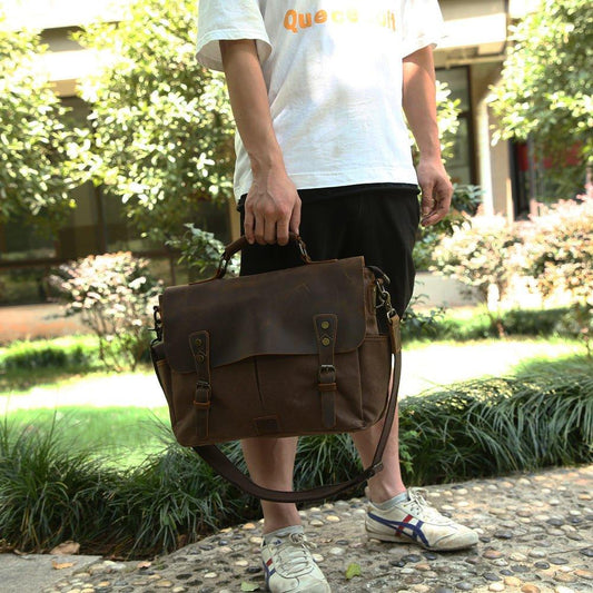 Mens Waxed Canvas Messenger Bag for Laptop - Woosir