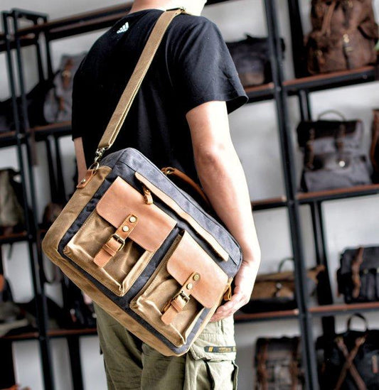 Waxed Canvas Laptop Briefcase for Men - Woosir