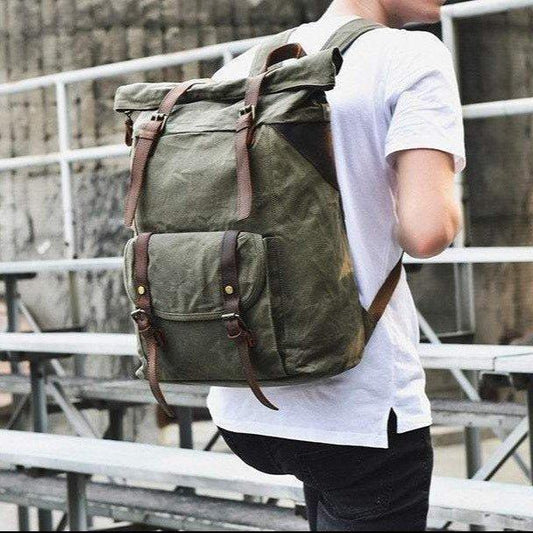 Waxed Canvas Vintage Backpack Roll Top Rucksack - Woosir