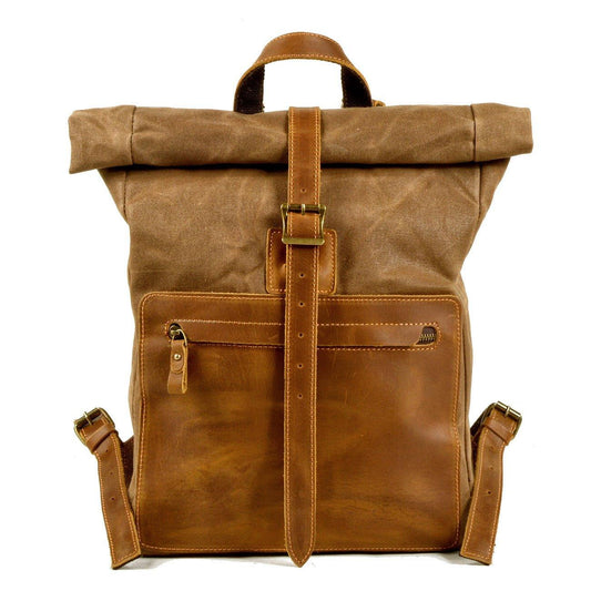 Roll Top Vintage Backpack Canvas with Laptop Sleeve - Woosir