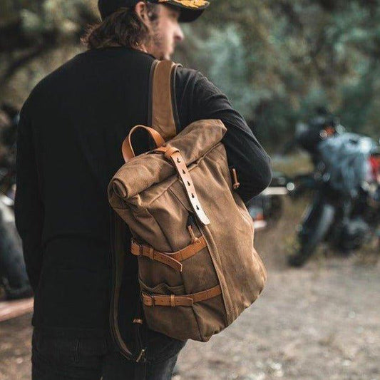 Roll Top Waxed Canvas Backpack Vintage for Men - Woosir
