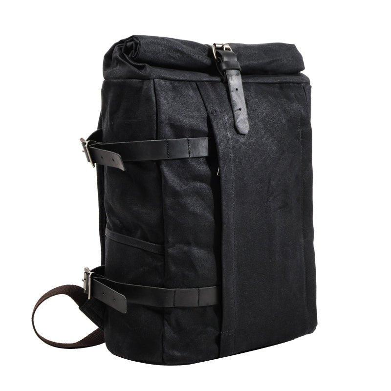 canvas and leather backpack amazon Roll Top Waxed Canvas Backpack Vintage for Men, Black