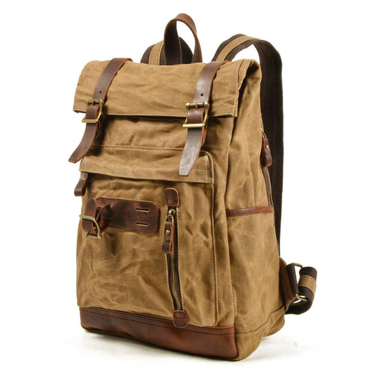 Roll Top Vintage Backpack Waxed Canvas with Laptop Sleeve - Woosir