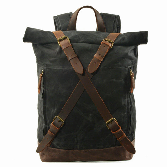 Mens Roll Top Canvas Backpack Vintage Rucksack - Woosir