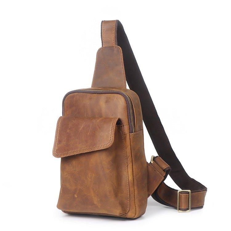 crossbody sling backpack leather Small Mens Sling Bag in Leather, Brown
