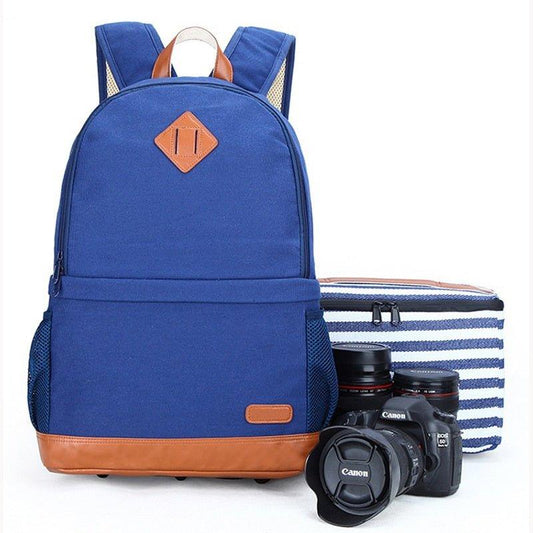 Stylish Canvas Camera Backpack for Women Blue - Woosir