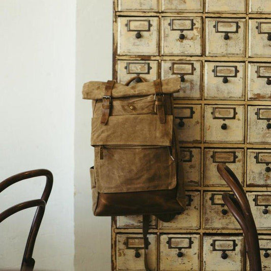 Vintage Waxed Canvas Backpack Roll Top Travel - Woosir