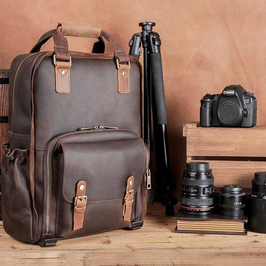 Woosir Vintage Leather Camera Backpack Fit Laptop - Woosir