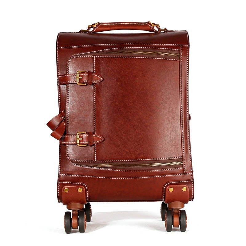 Genuine Leather Rolling Briefcase Travel Luggage Laptop Bag, Brown