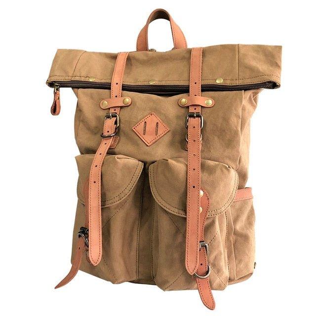 Vintage Mens Canvas Backpack Leather for Men, Khaki