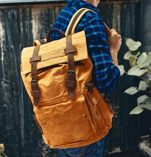 Mens Waxed Canvas Backpack Rucksack Vintage - Woosir