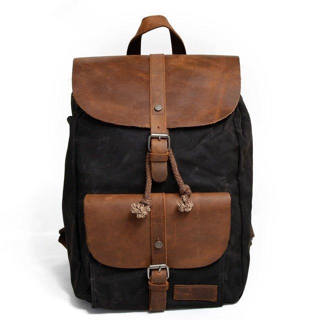 canvas and leather backpack Waxed Canvas Backpack Laptop Rucksack Mens Women, Black