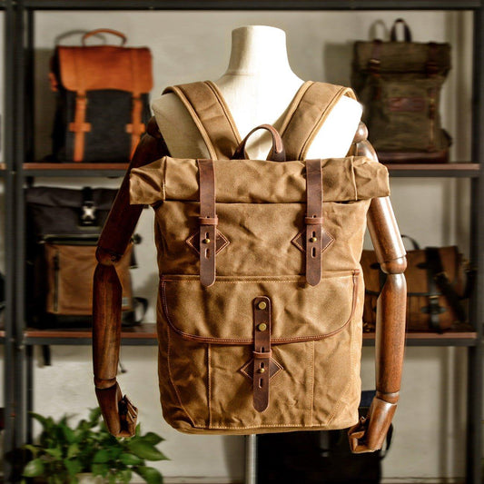 Waxed Canvas Roll Top Backpack Vintage with Laptop Sleeve - Woosir