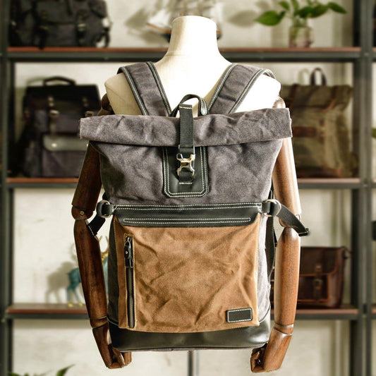 Roll Top Waxed Canvas Vintage Backpack Rucksack - Woosir
