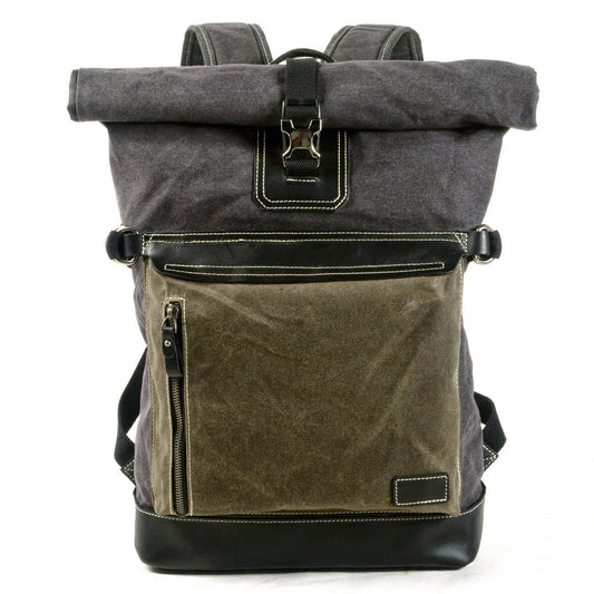Roll Top Waxed Canvas Vintage Backpack Rucksack - Woosir