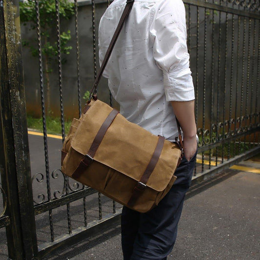 Mens Waterproof Canvas Messenger Bag for 14 Inch Laptop - Woosir